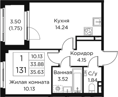 Планировка: 1-комнатная квартира 33,9 м² в ЖК «Кронфорт»