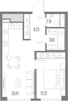 Планировка: Евродвушка 44,7 м² в ЖК «Легенда у Моря»