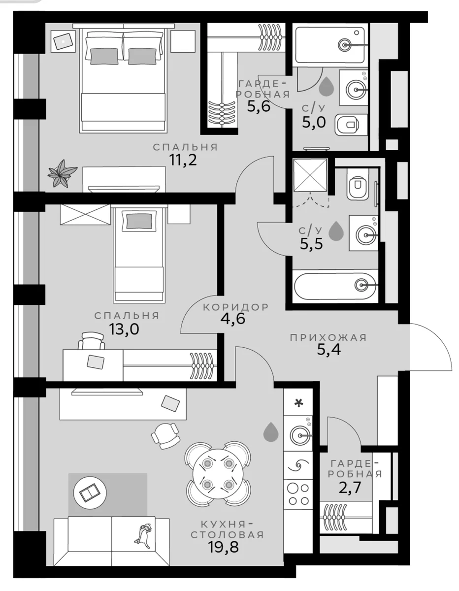 Планировка: Евротрёшка 72,8 м² в ЖК «СберСити»
