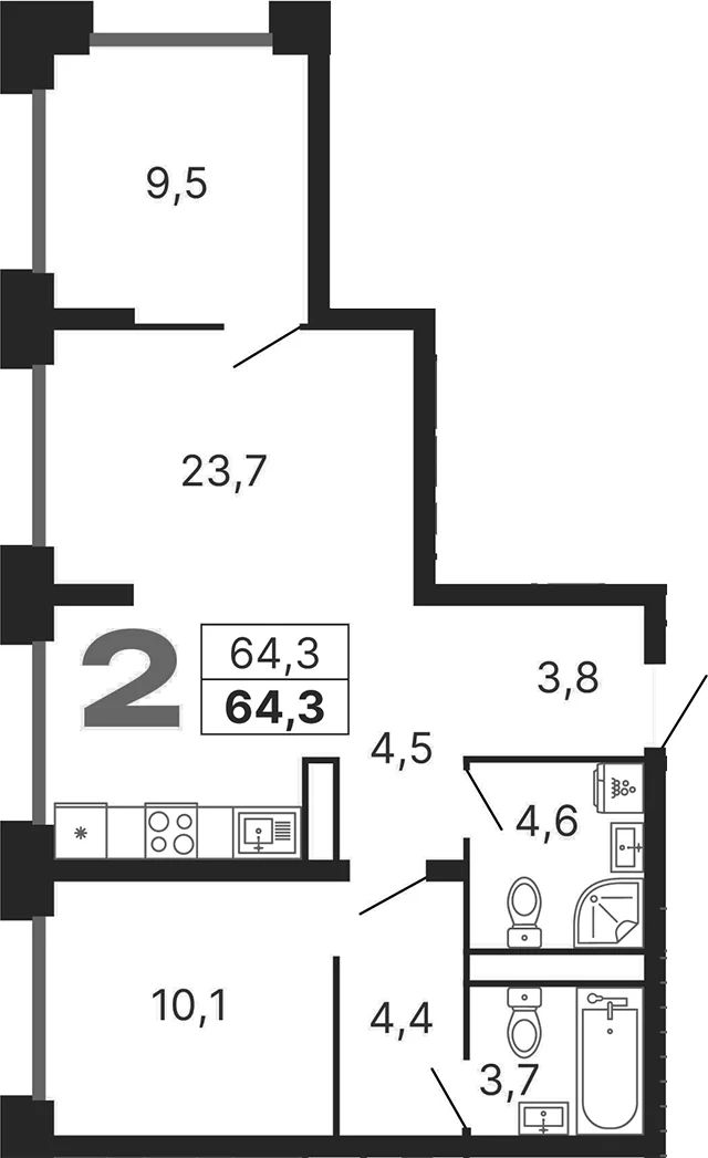 Планировка: Евротрёшка 64,3 м² в ЖК «Бестселлер»