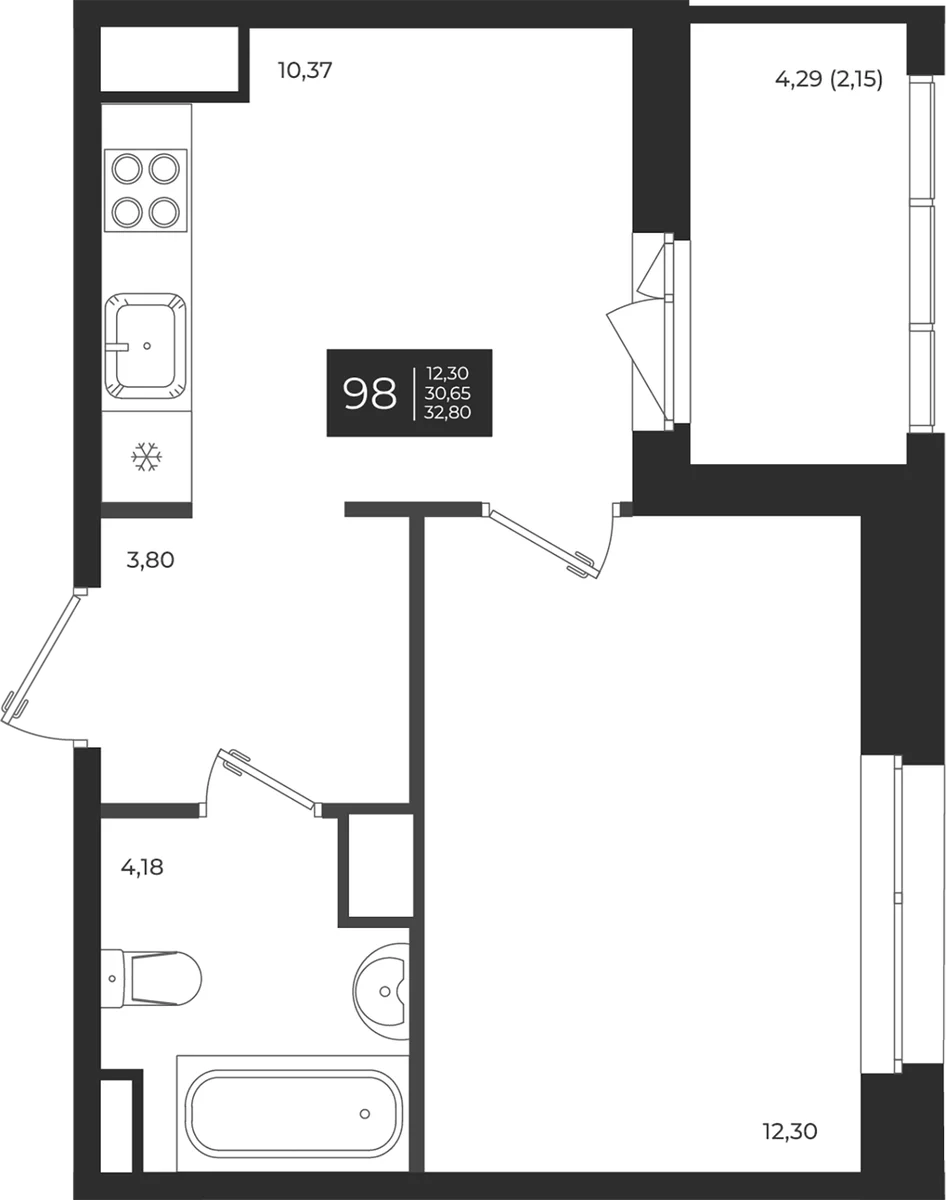 Планировка: 1-комнатная квартира 30,7 м² в ЖК «Новатория»