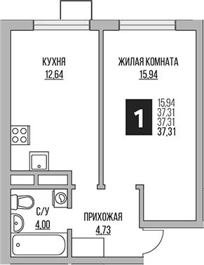 Планировка: 1-комнатная квартира 37,3 м² в ЖК «Гранель Мытищи»