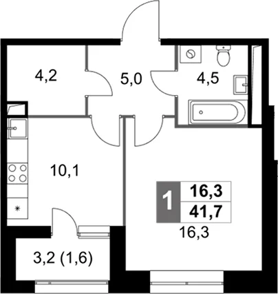 Планировка: 1-комнатная квартира 40,1 м² в ЖК «Скай Гарден»