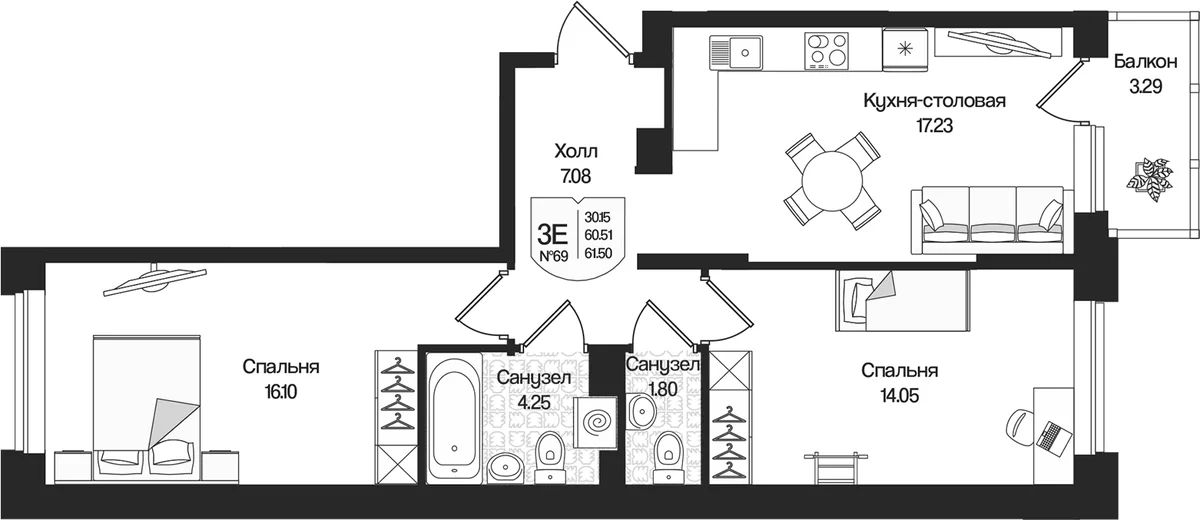 Планировка: Евротрёшка 60,5 м² в ЖК «Охтинские высоты»