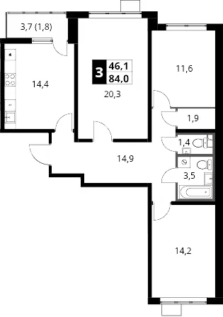 Планировка: 3-комнатная квартира 82,2 м² в ЖК «1-й Южный»