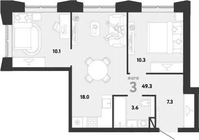Планировка: Евротрёшка 49,3 м² в ЖК «Страна.Заречная»