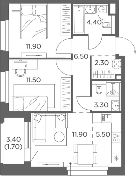 Планировка: Евротрёшка 57,3 м² в ЖК «Белый Град»