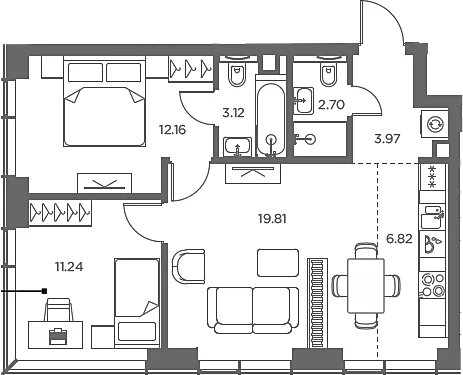 Планировка: Евротрёшка 59,8 м² в ЖК «TATE»