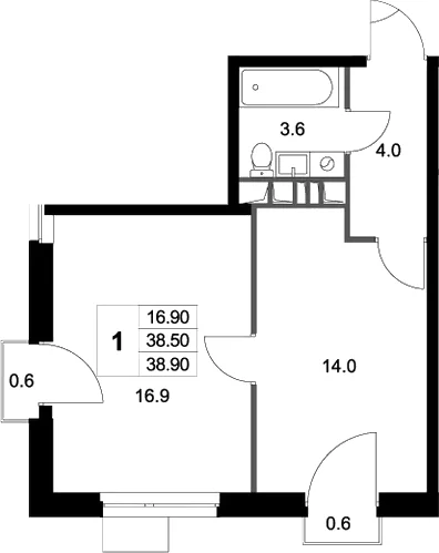 Планировка: 1-комнатная квартира 38,5 м² в ЖК «Легенда Марусино»