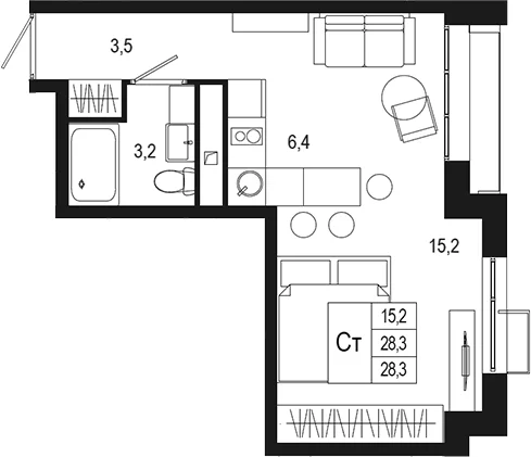 Планировка: Студия 28,3 м² в ЖК «Новая Щербинка»