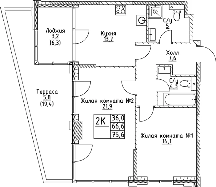 Планировка: 2-комнатная квартира 66,6 м² в ЖК «ВЭРИ на Миклухо-Маклая»