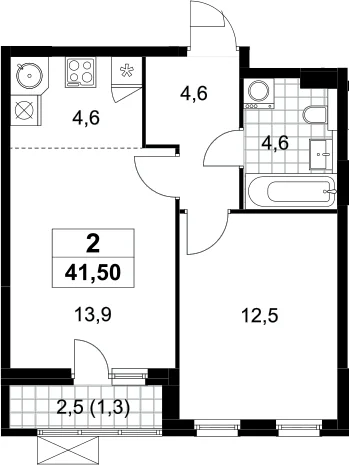 Планировка: Евродвушка 40,2 м² в ЖК «Бунинские кварталы»