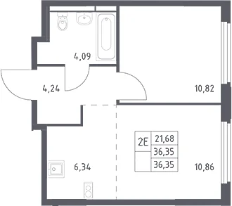 Планировка: Евродвушка 36,4 м² в ЖК «Космический Квартал»