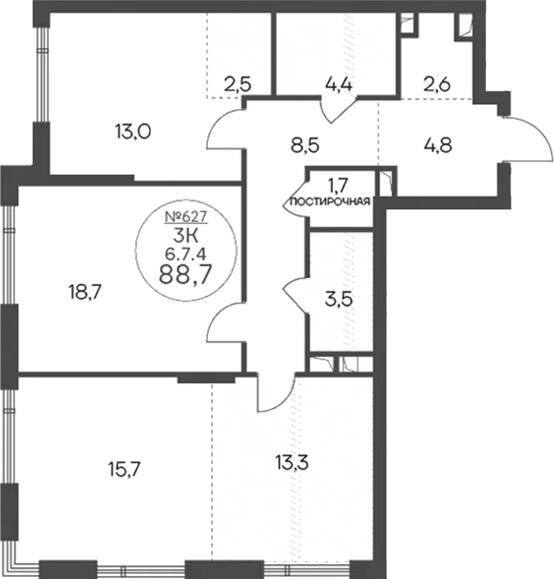 Планировка: Евротрёшка 88,7 м² в ЖК «Клубный квартал КРЫЛАТСКАЯ 33»