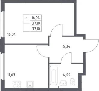 Планировка: 1-комнатная квартира 37,1 м² в ЖК «Космический Квартал»
