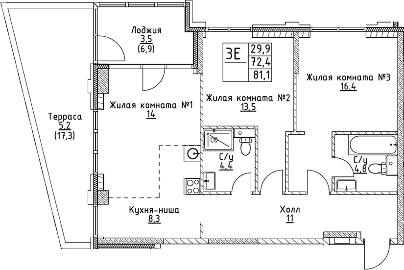 Планировка: Евротрёшка 72,4 м² в ЖК «ВЭРИ на Миклухо-Маклая»