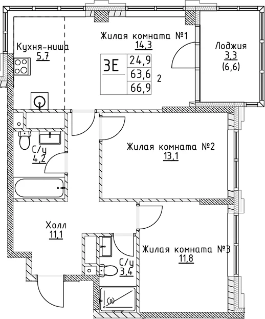 Планировка: Евротрёшка 63,6 м² в ЖК «ВЭРИ на Миклухо-Маклая»