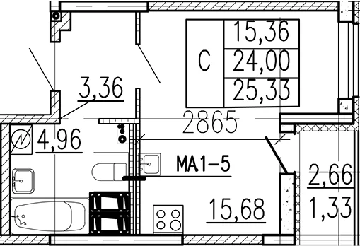Планировка: Студия 24 м² в ЖК «Высота. Бугры»