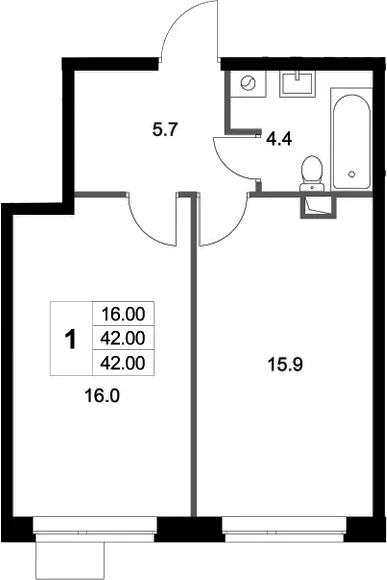 Планировка: 1-комнатная квартира 42 м² в ЖК «Легенда Марусино»