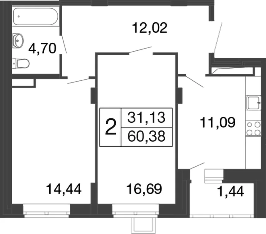 Планировка: 2-комнатная квартира 58,9 м² в ЖК «Времена года»