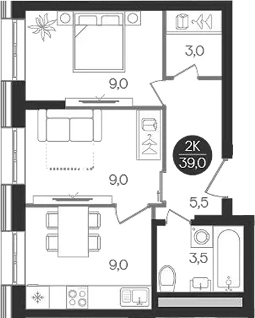 Планировка: 2-комнатная квартира 39 м² в ЖК «Кантемировский»