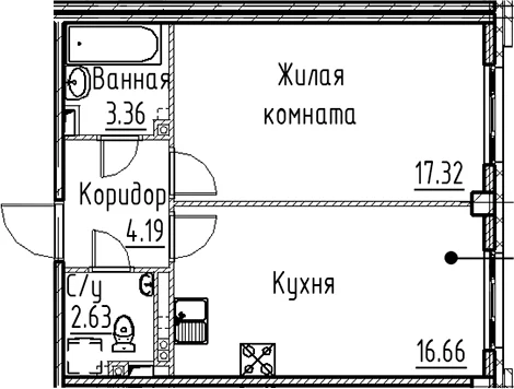 Планировка: Евродвушка 44,2 м² в ЖК «Кронфорт»