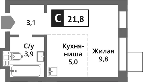 Планировка: Студия 21,8 м² в ЖК «Никольский квартал Отрада»