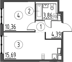 Планировка: 1-комнатная квартира 34,3 м² в ЖК «Квартал Торики»