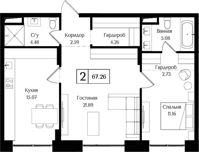 Планировка: 2-комнатная квартира 67,3 м² в ЖК «Преображенская площадь»