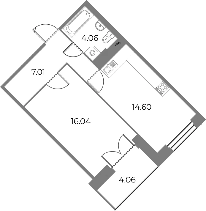 Планировка: 1-комнатная квартира 41,7 м² в ЖК «Огни Залива»