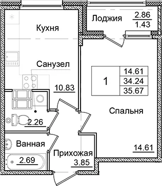 Планировка: 1-комнатная квартира 34,2 м² в ЖК «Квартал Заречье»