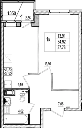 Планировка: 1-комнатная квартира 34,9 м² в ЖК «Ново-Антропшино»