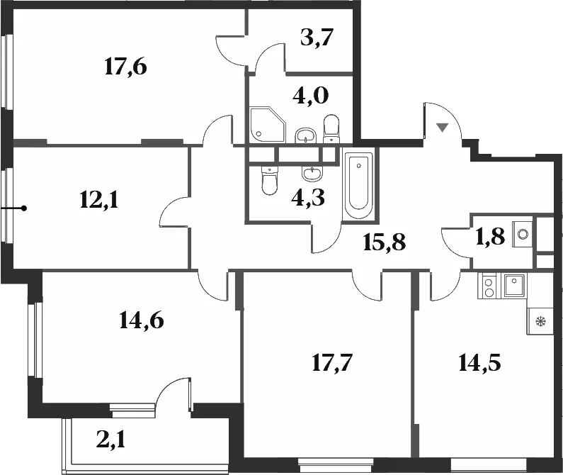 Планировка: 4-комнатная квартира 106,1 м² в ЖК «Миниполис 8 Кленов»