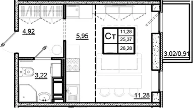 Планировка: Студия 25,4 м² в ЖК «Северный Меридиан»