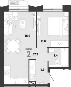 Планировка: Евродвушка 37,2 м² в ЖК «Страна.Заречная»