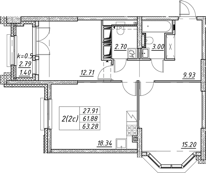 Планировка: Евротрёшка 61,9 м² в ЖК «Цивилизация на Неве»