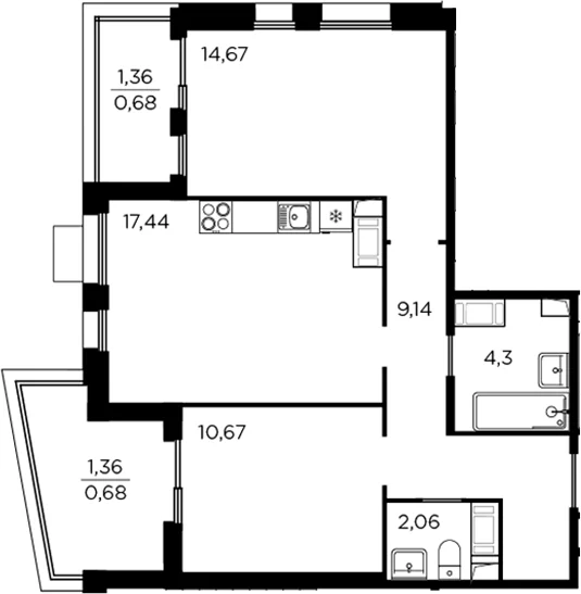 Планировка: Евротрёшка 58,3 м² в ЖК «Респект»