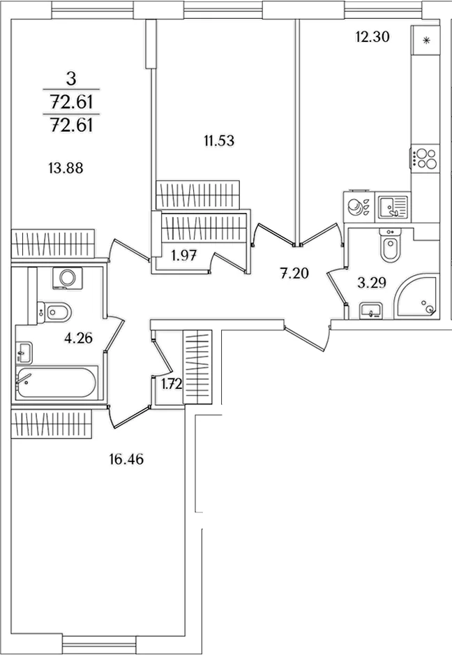 Планировка: 3-комнатная квартира 72,6 м² в ЖК «Кинопарк»