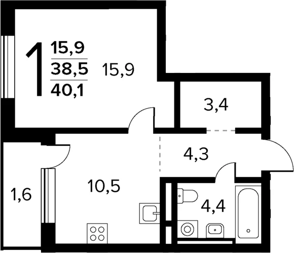 Планировка: 1-комнатная квартира 38,5 м² в ЖК «Новые Ватутинки Квартал у реки»