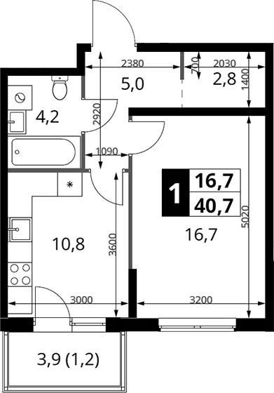 Планировка: 1-комнатная квартира 39,5 м² в ЖК «1-й Измайловский»