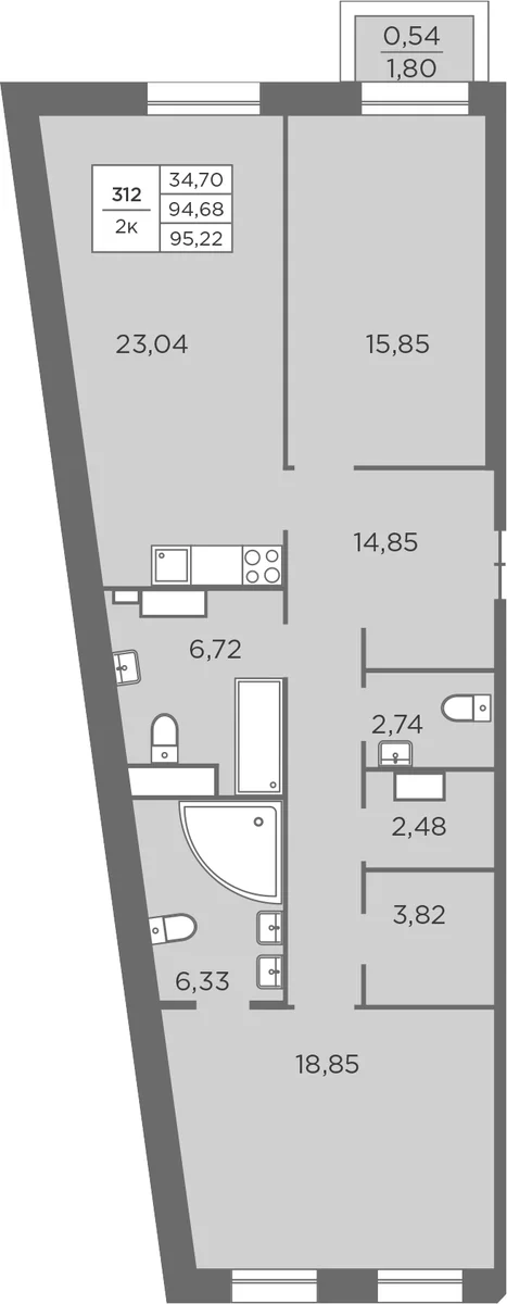 Планировка: Евротрёшка 94,7 м² в ЖК «Северная Корона»