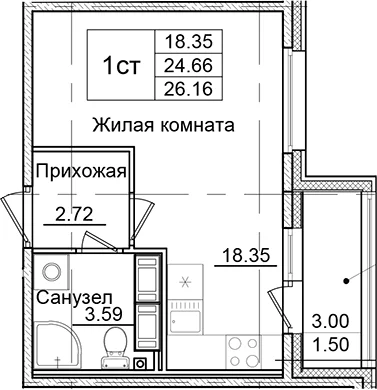 Планировка: Студия 24,7 м² в ЖК «Квартал Заречье»