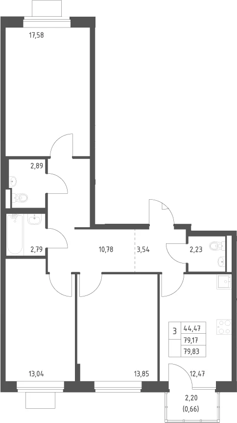 Планировка: 3-комнатная квартира 79,2 м² в ЖК «Подольские кварталы»