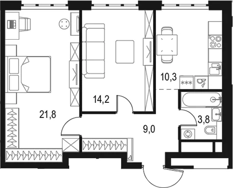 Планировка: 2-комнатная квартира 59,1 м² в ЖК «Левел Южнопортовая»