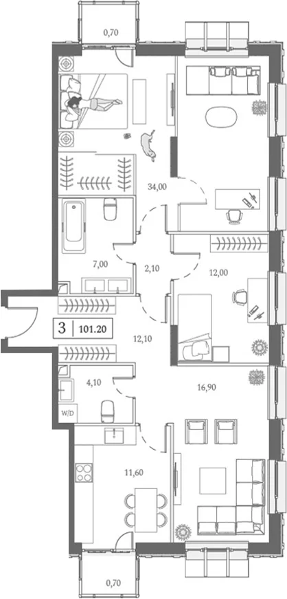 Планировка: 3-комнатная квартира 99,5 м² в ЖК «Dream Towers»