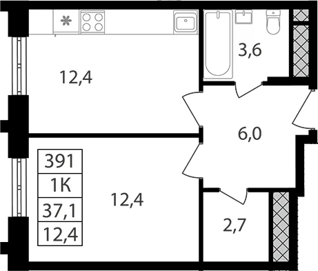 Планировка: 1-комнатная квартира 37,1 м² в ЖК «Варшавские ворота»