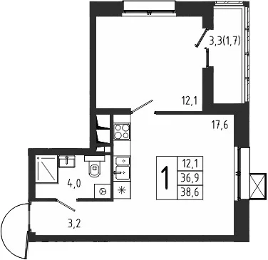 Планировка: 1-комнатная квартира 36,9 м² в ЖК «Берег»