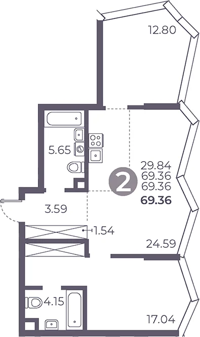 Планировка: 2-комнатная квартира 69,4 м² в ЖК «Мневники от Гранель»