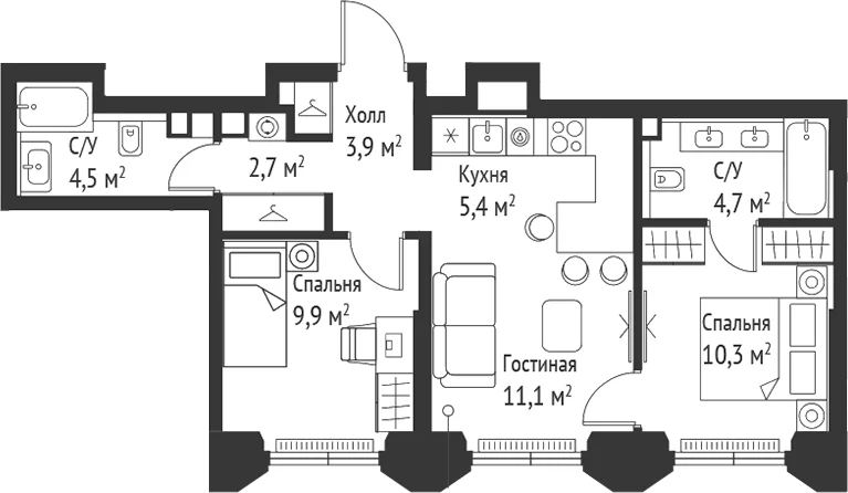 Планировка: Евротрёшка 52,6 м² в ЖК «СЕТ»