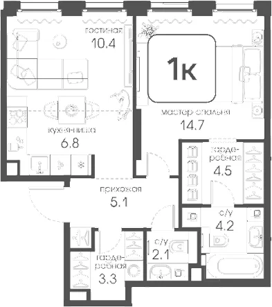 Планировка: 1-комнатная квартира 51,1 м² в ЖК «Муза»
